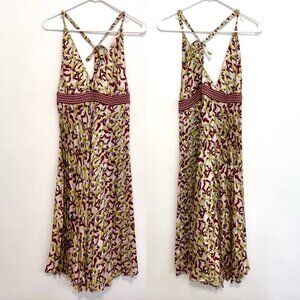 AMERICAN RETRO Pink Berry Green Dragonfly Bug Satin 100% SILK Fit & Flare Dress